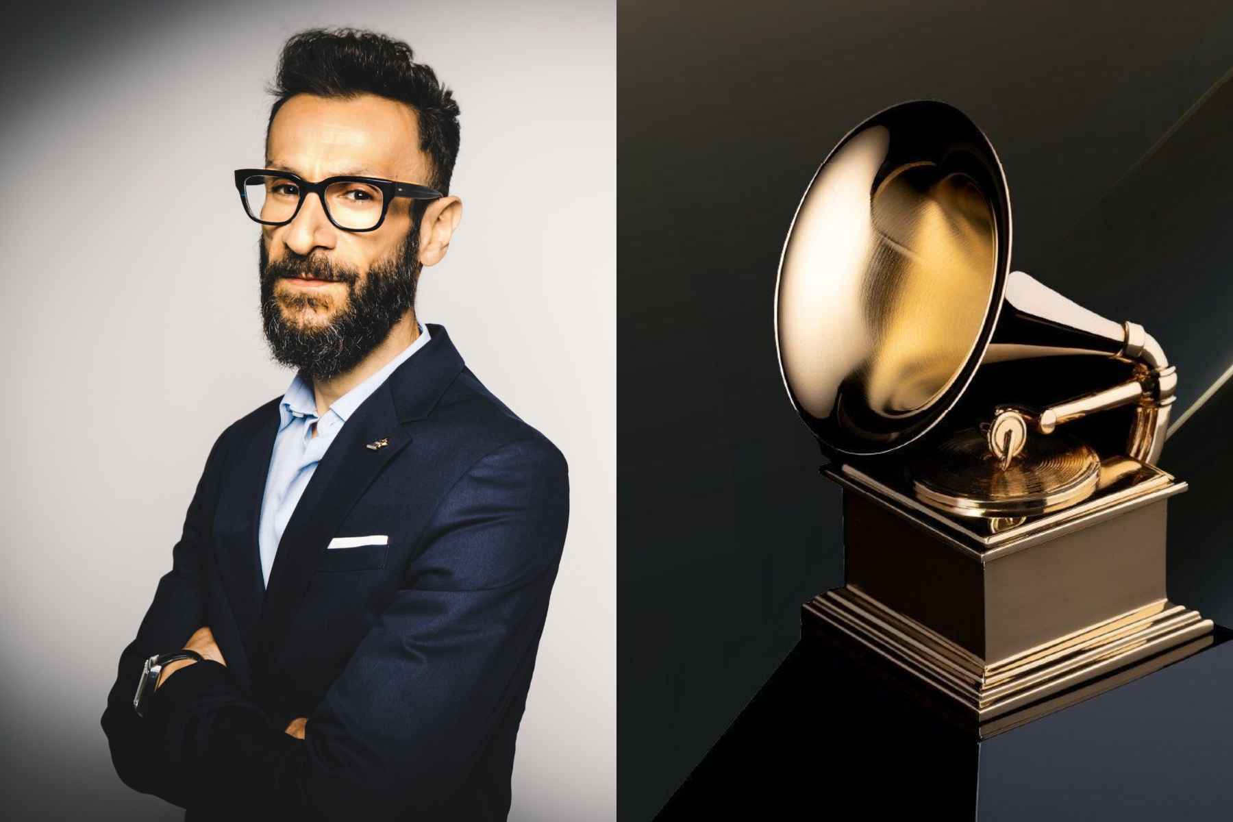 Collage photo of Panos Panay and a Grammy Award.